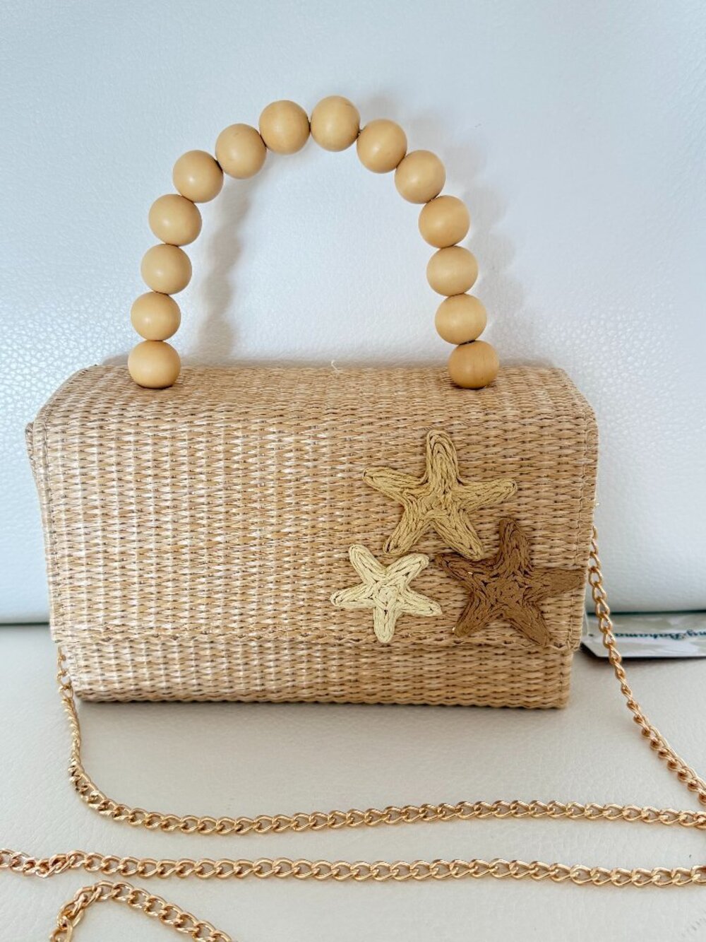 TOMMY BAHAMA STRAW STARFISH CROSSBODY BAG SATCHEL WOVEN RATTAN WOOD BEAD HANDLE